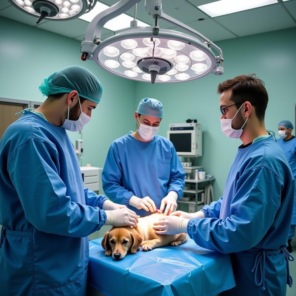 Veterinarian Performing Emergency Surgery - A surgical team operating on an animal in a sterile operating room.