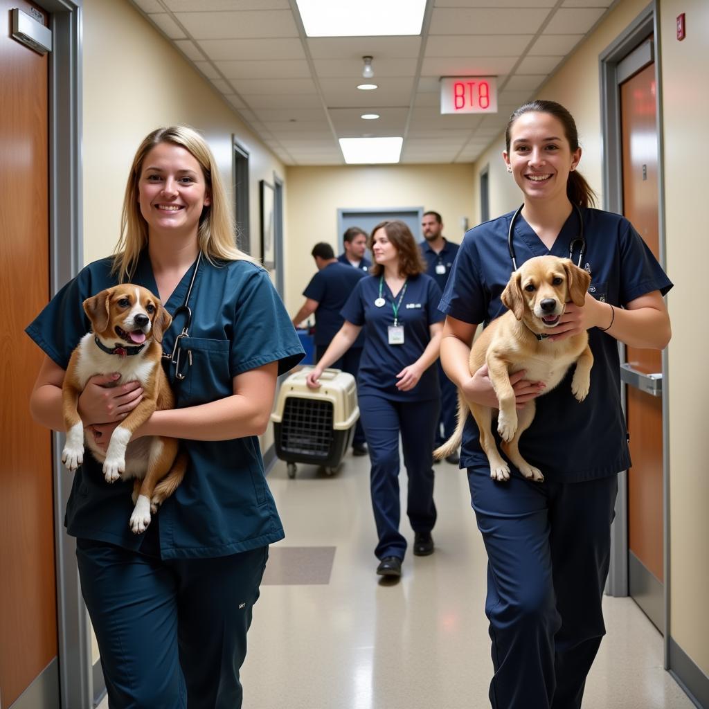 Veterinary Hospital Fire Drill: A photo showing veterinary staff participating in a fire drill, practicing the safe evacuation of animals from the building.