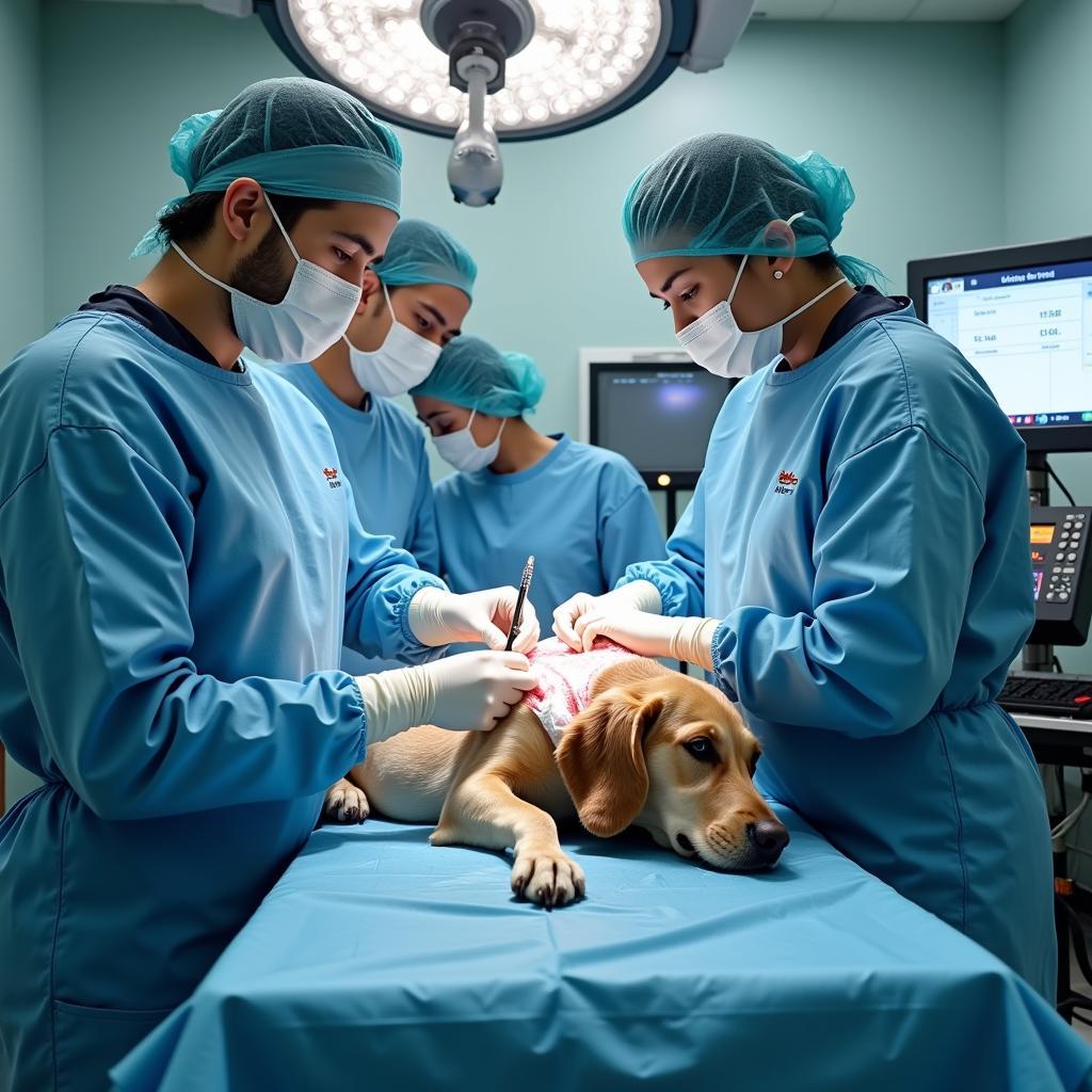 Veterinary team performing emergency surgery on a dog