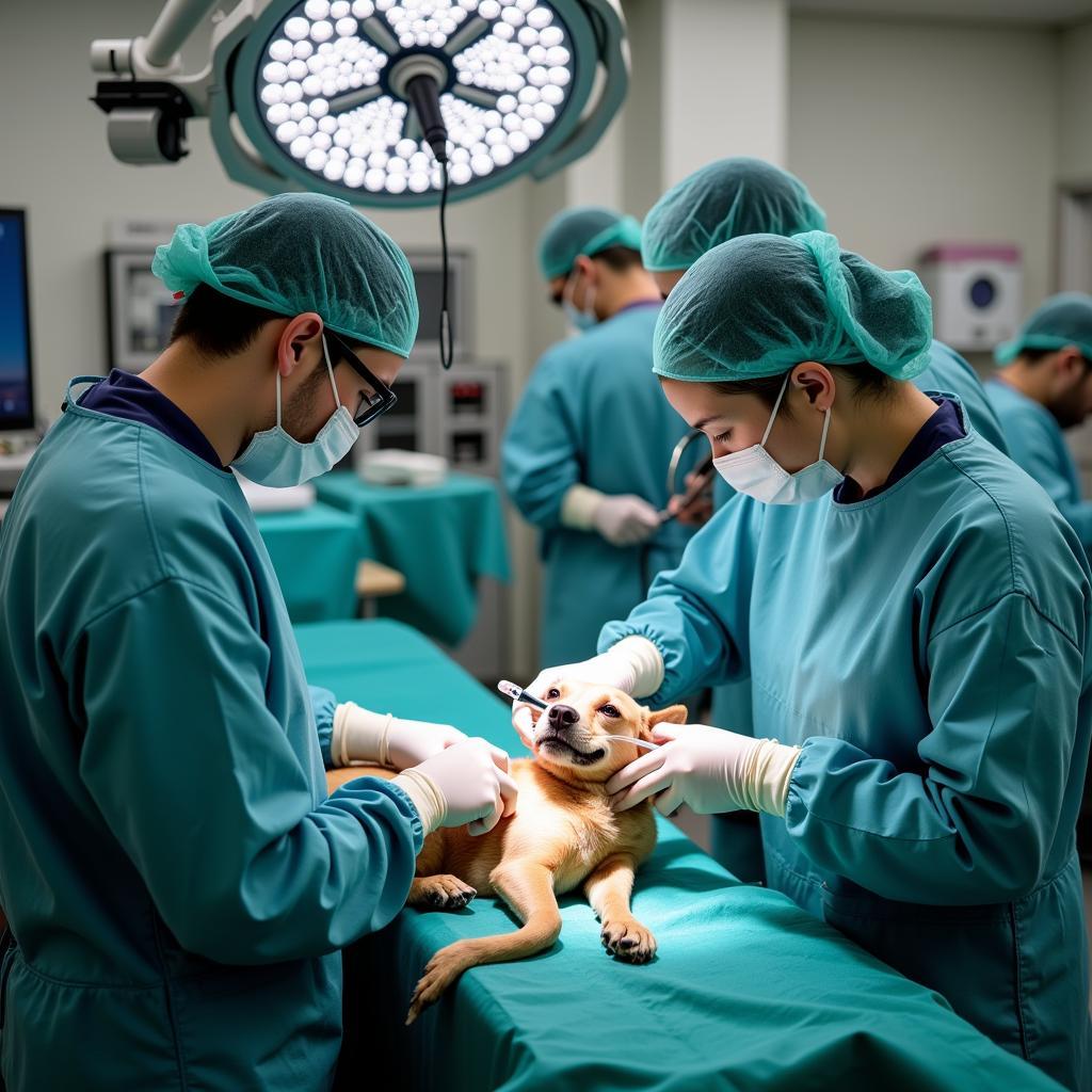 Surgical Team Performing a Procedure in a Veterinary Hospital