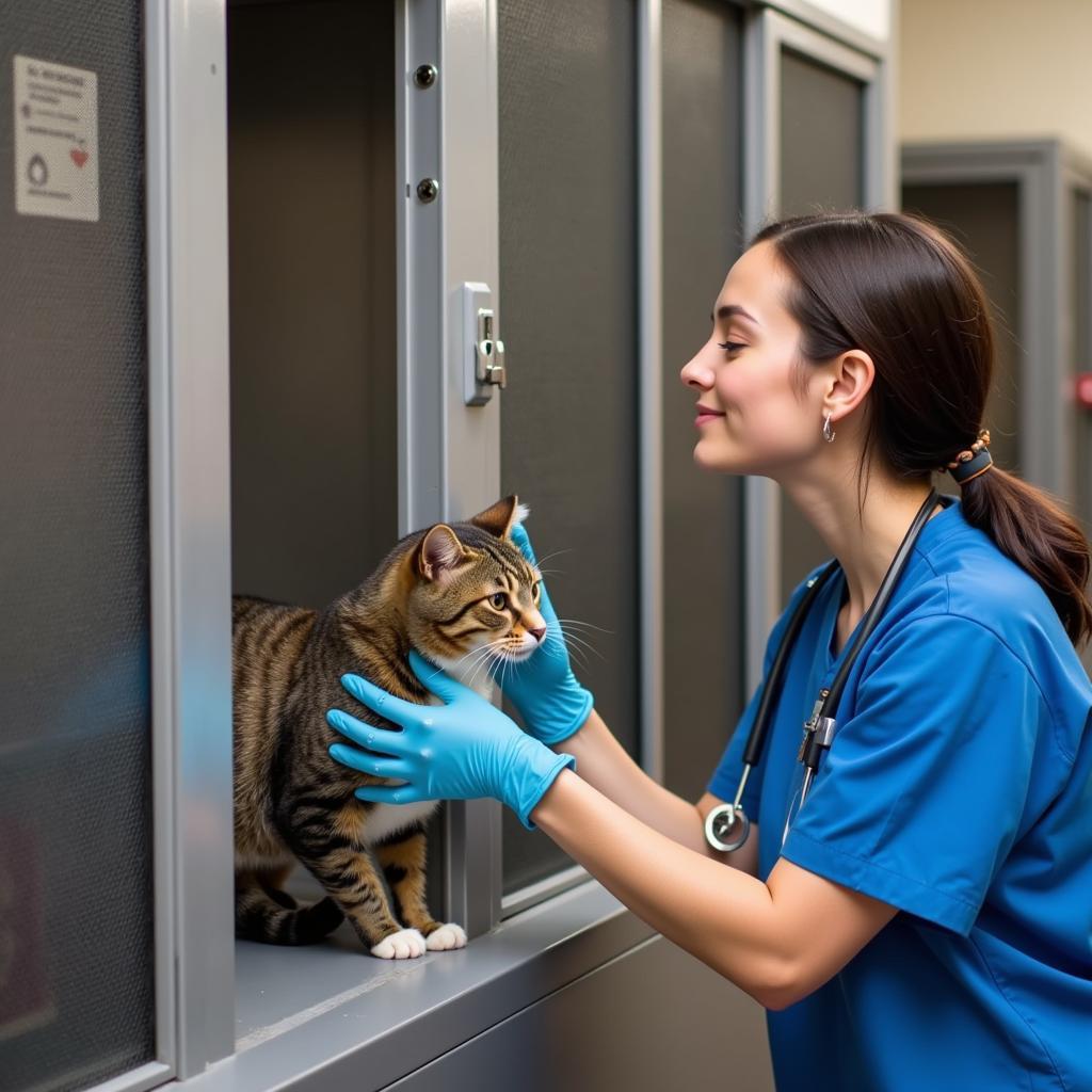 Veterinary technician comforting a cat in a kennel