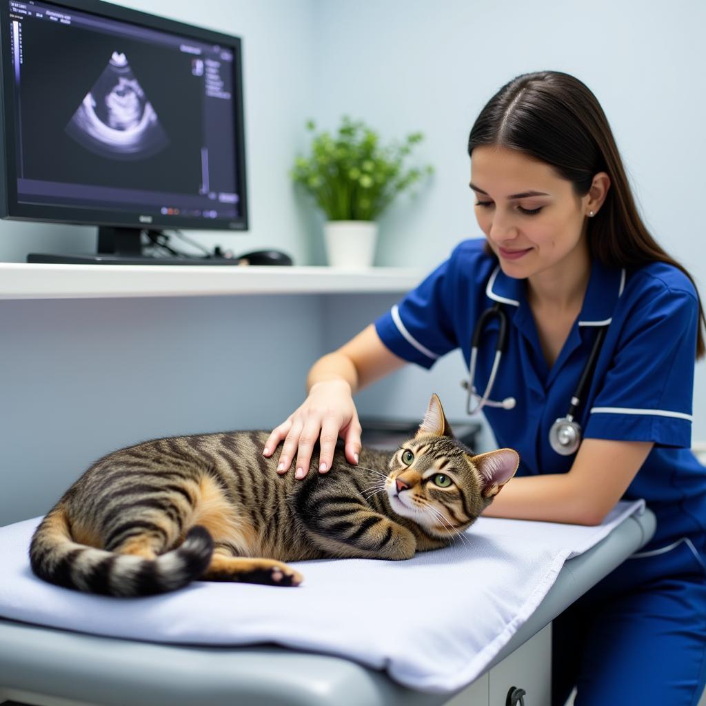 Veterinary Technician Performing an Ultrasound on a Cat in an Animal Wellness Hospital