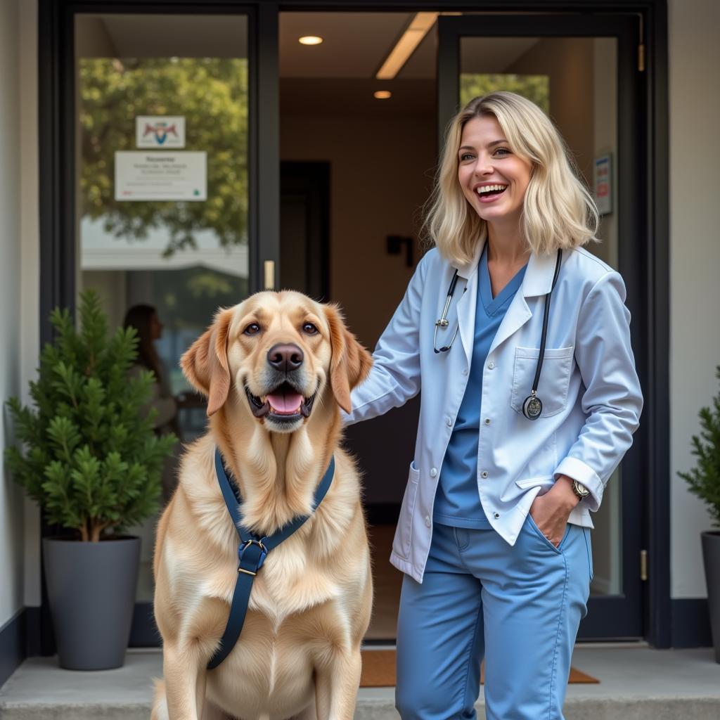 Happy pet owner with their healthy pet after a visit to the animal hospital