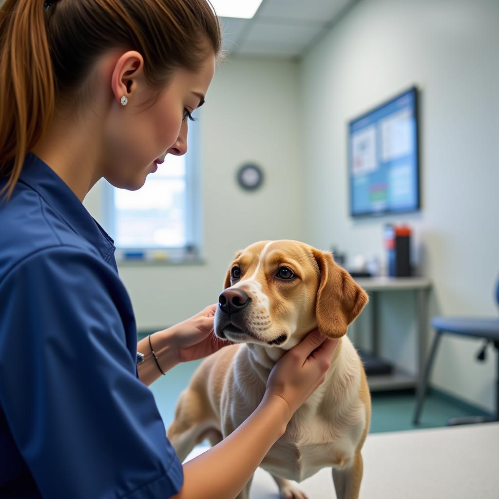 Veterinarian performing a wellness exam on a dog