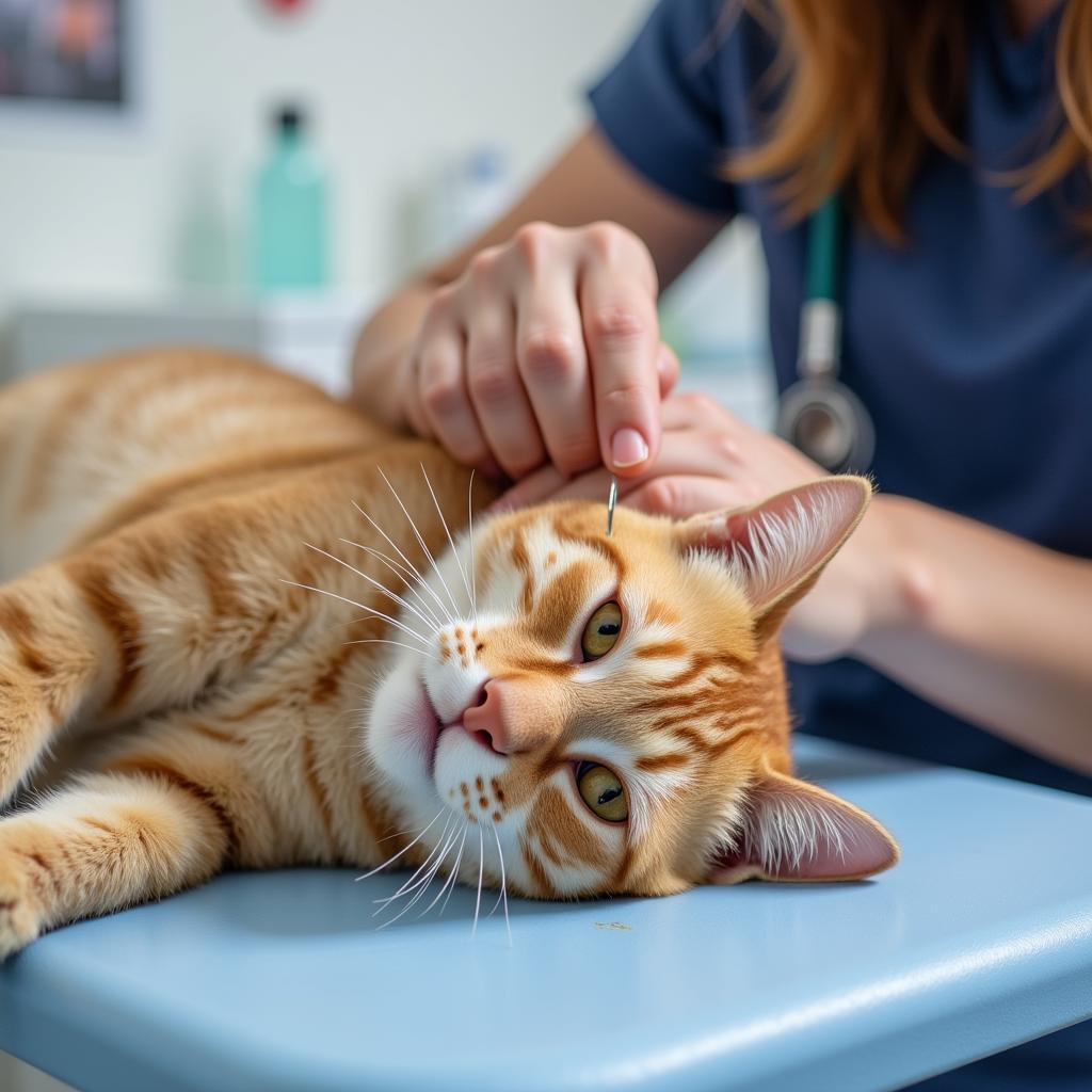 Veterinarian administering acupuncture to a cat at a vista animal hospital