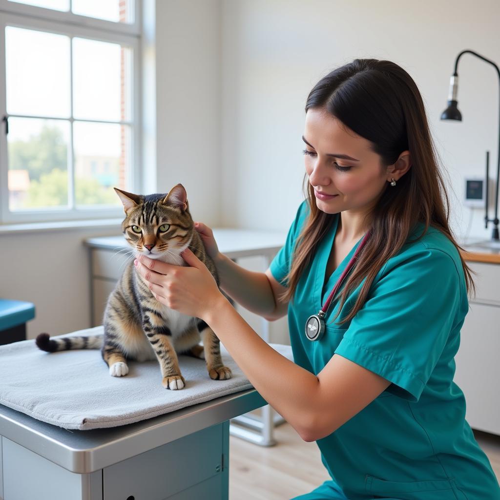 Veterinarian examining a cat at Wachusett Animal Hospital