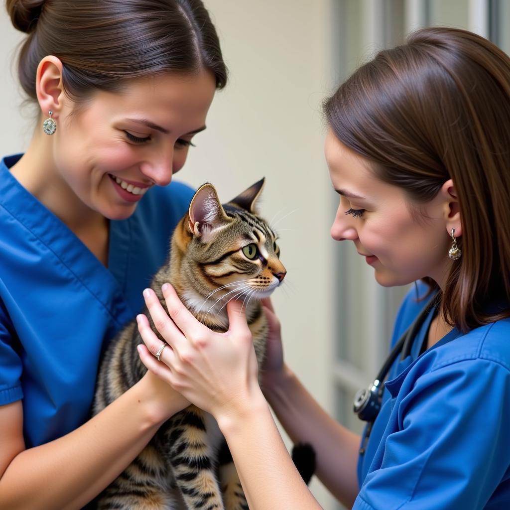 Caring veterinary staff interacting with a cat at a West Plains veterinary hospital