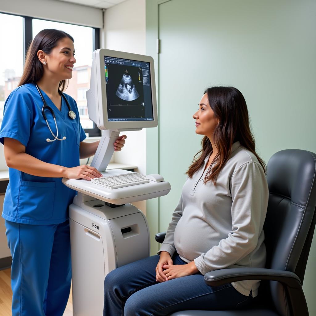 A woman receiving an ultrasound at a community hospital with a caring medical professional.