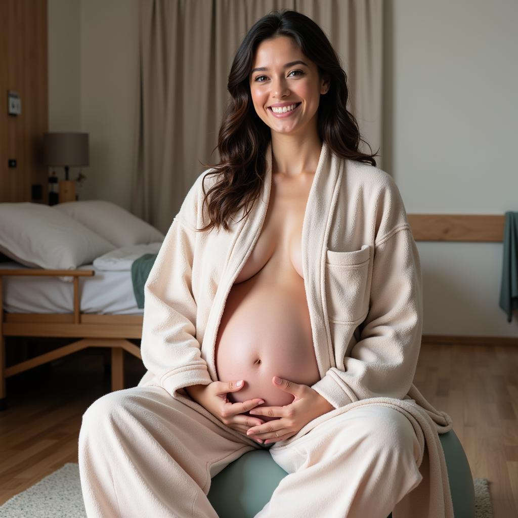 Comfortable Woman Wearing Hospital Robe During Labor