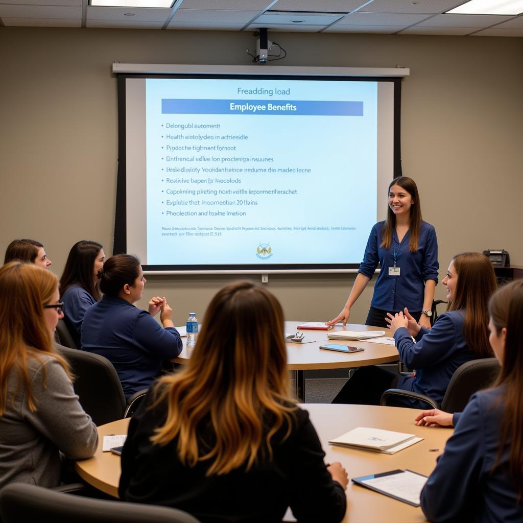 Woodwinds Hospital Employee Benefits: Team meeting discussing benefits.