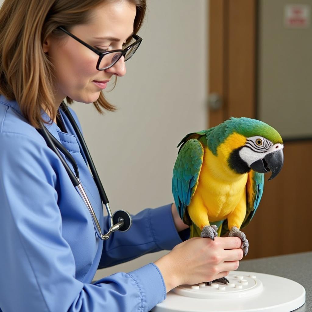 Avian veterinarian examining a parrot in a Worcester bird clinic.