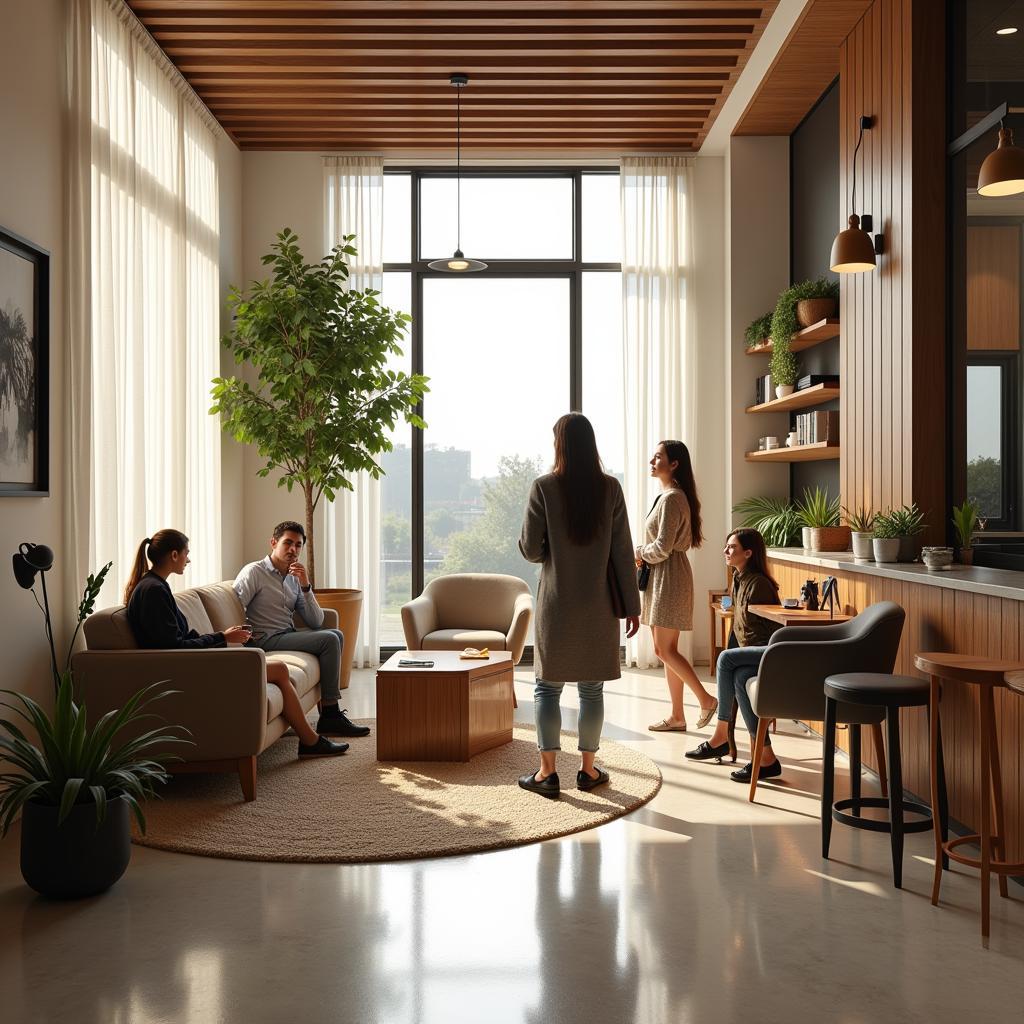 805 Hospitality Future Trends: A modern hotel lounge with guests relaxing and interacting, showcasing technology integration and sustainable practices.