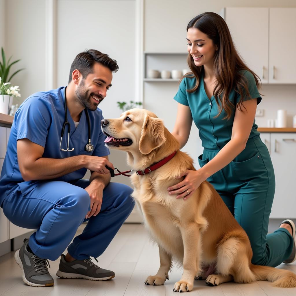 Caring veterinarian interacting with a pet and its owner