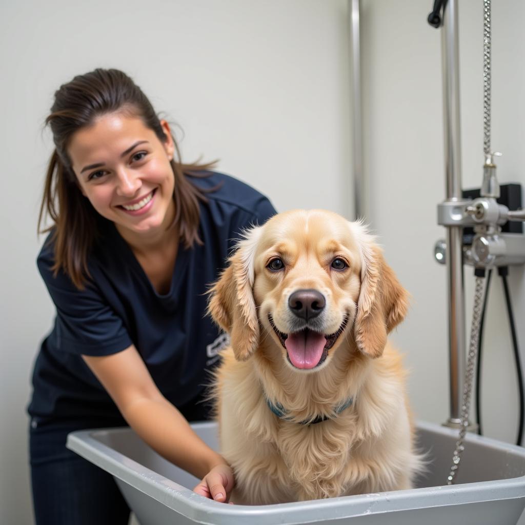 A happy dog getting a bath at Arrowhead Ranch Animal Hospital & Grooming