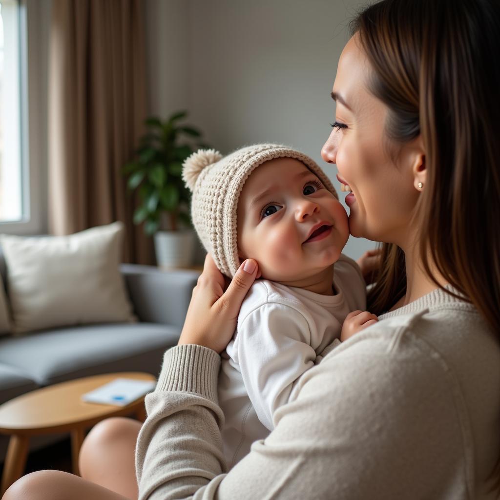 A baby wearing a knitted hat while being held by a parent at home.