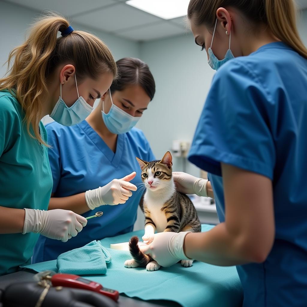 Veterinary team providing emergency care to a cat at Belmar Wall Animal Hospital