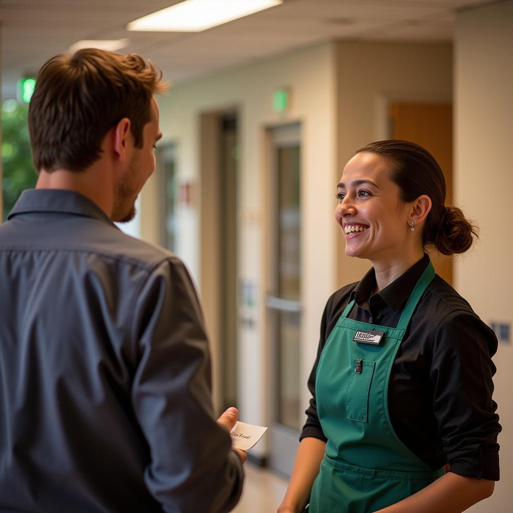 Staff member engaging in conversation with a guest.