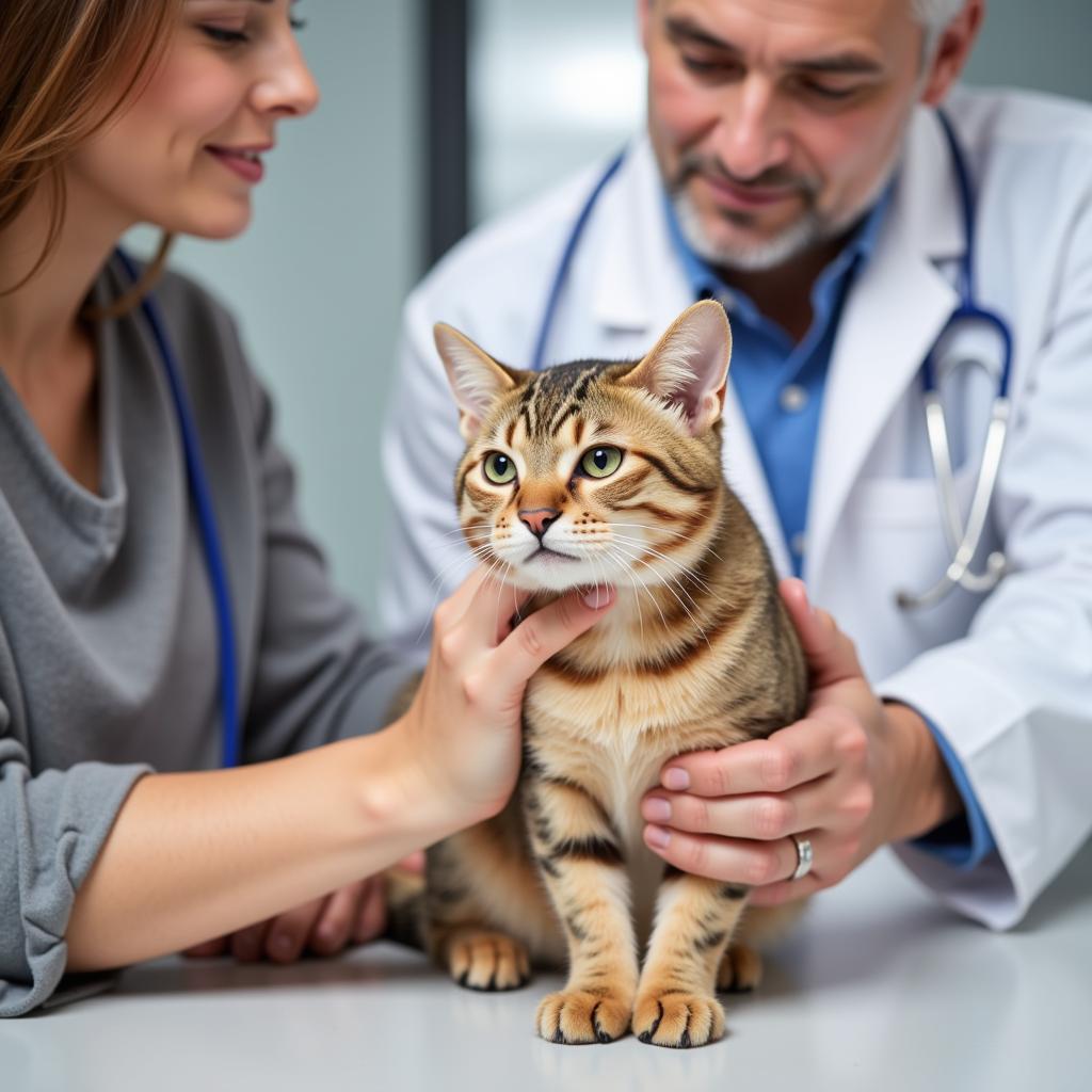 A cat comfortably resting on the examination table, receiving gentle affection from a veterinarian.