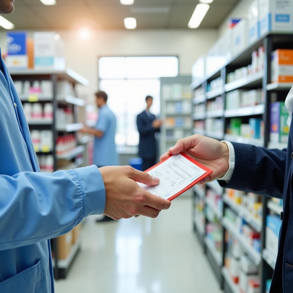 A patient handing a prescription to a pharmacist in a Chinese hospital pharmacy