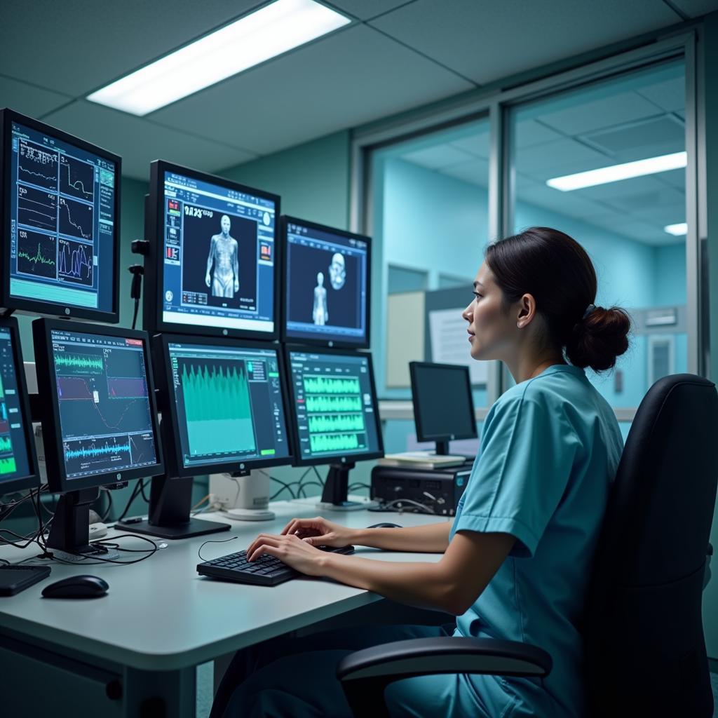 CTU Nurse Monitoring Patients: A nurse in a CTU diligently observing patient monitors, ensuring constant vigilance over patient heart activity. 