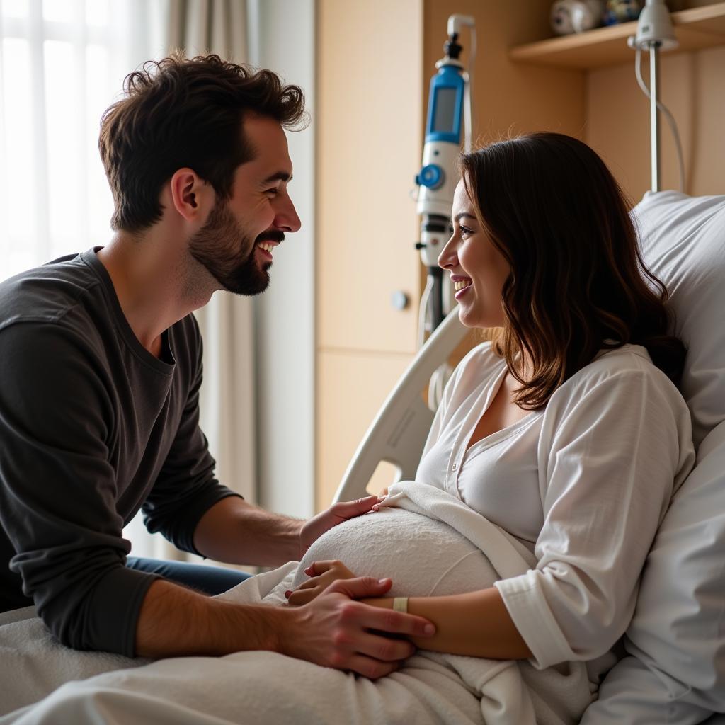 Dad supporting mom during labor, providing comfort and encouragement.