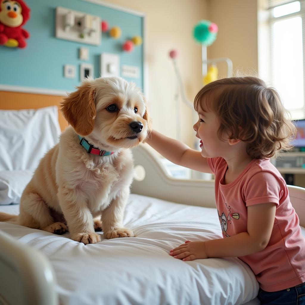 A dog visiting a child in the hospital