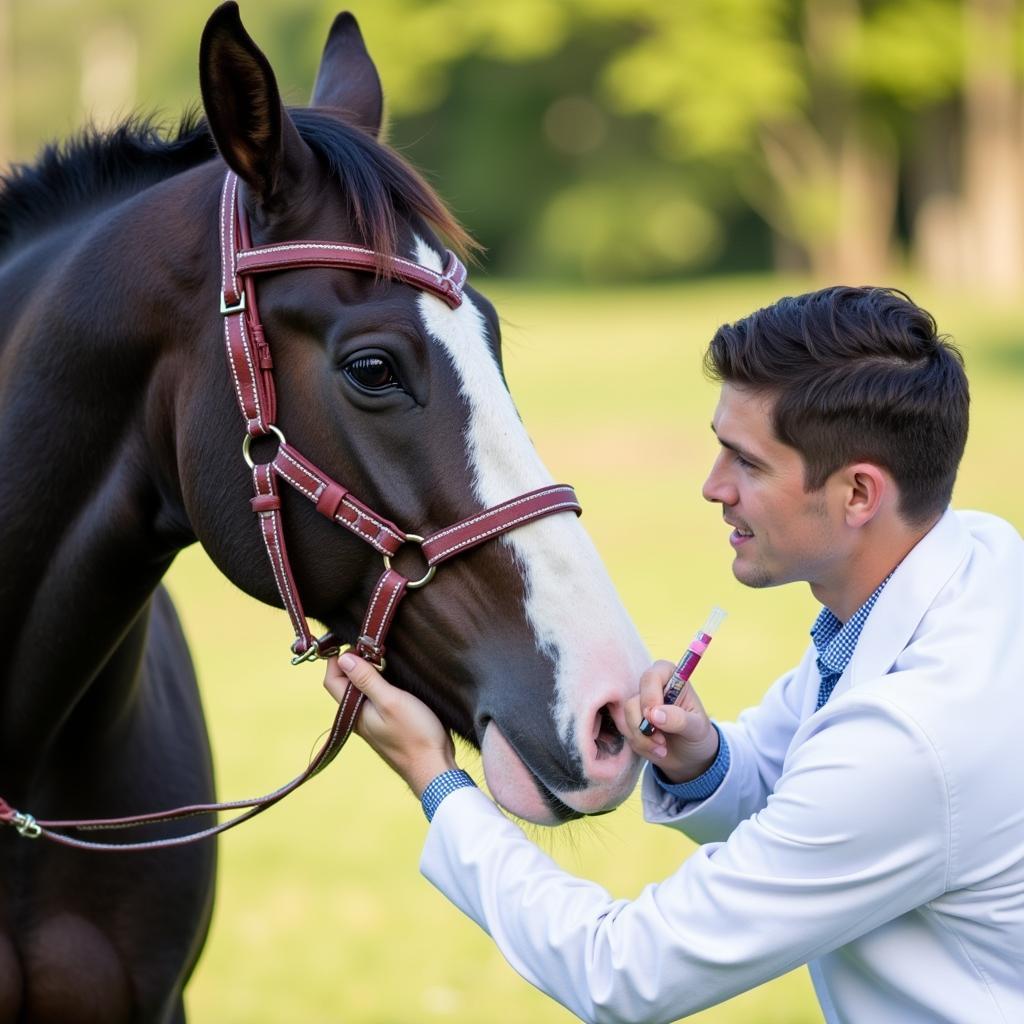 Veterinarian performing equine preventative care