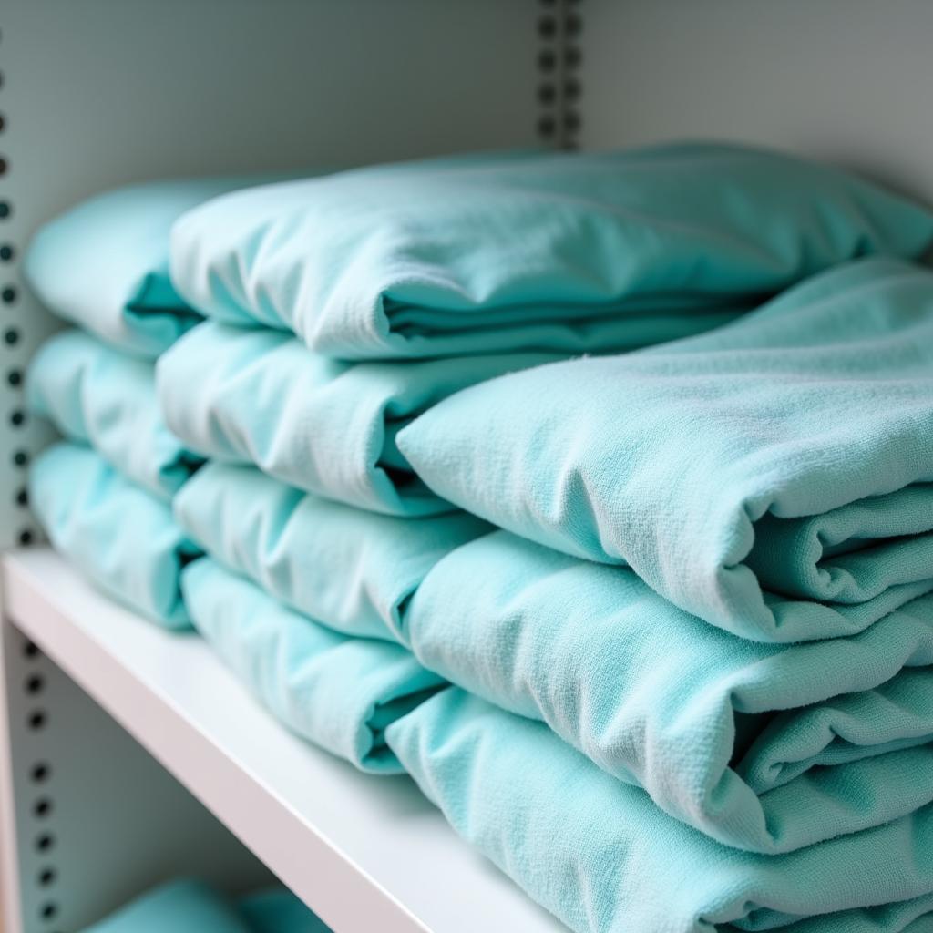 Neatly folded flannel hospital gowns on a shelf, ready for use, emphasizing their cleanliness and availability.