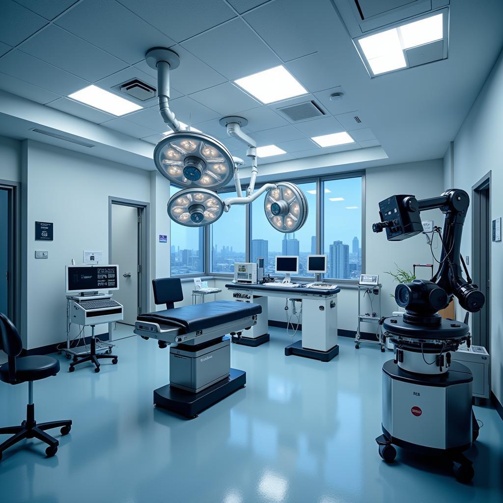 A futuristic depiction of a hospital operating room with advanced technology