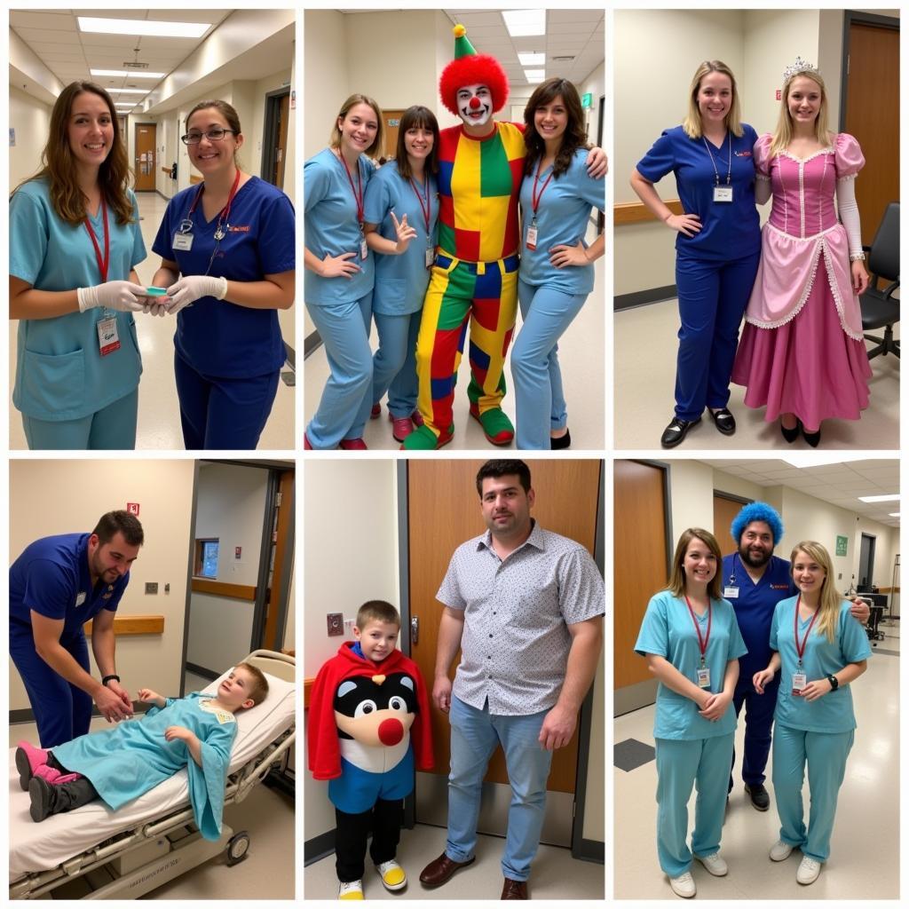 Hospital workers dressed as friendly characters interacting with patients