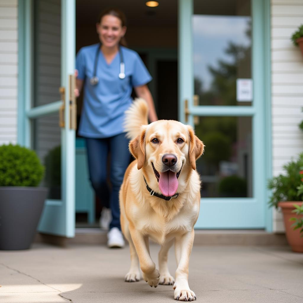 A happy dog leaving the veterinary clinic after a check-up, tail wagging, with its owner.