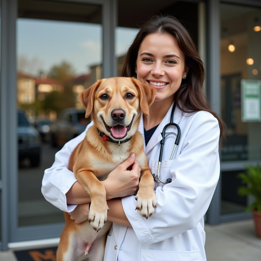 Happy pet owner with their healthy pet after a visit to a Crystal Lake veterinary hospital