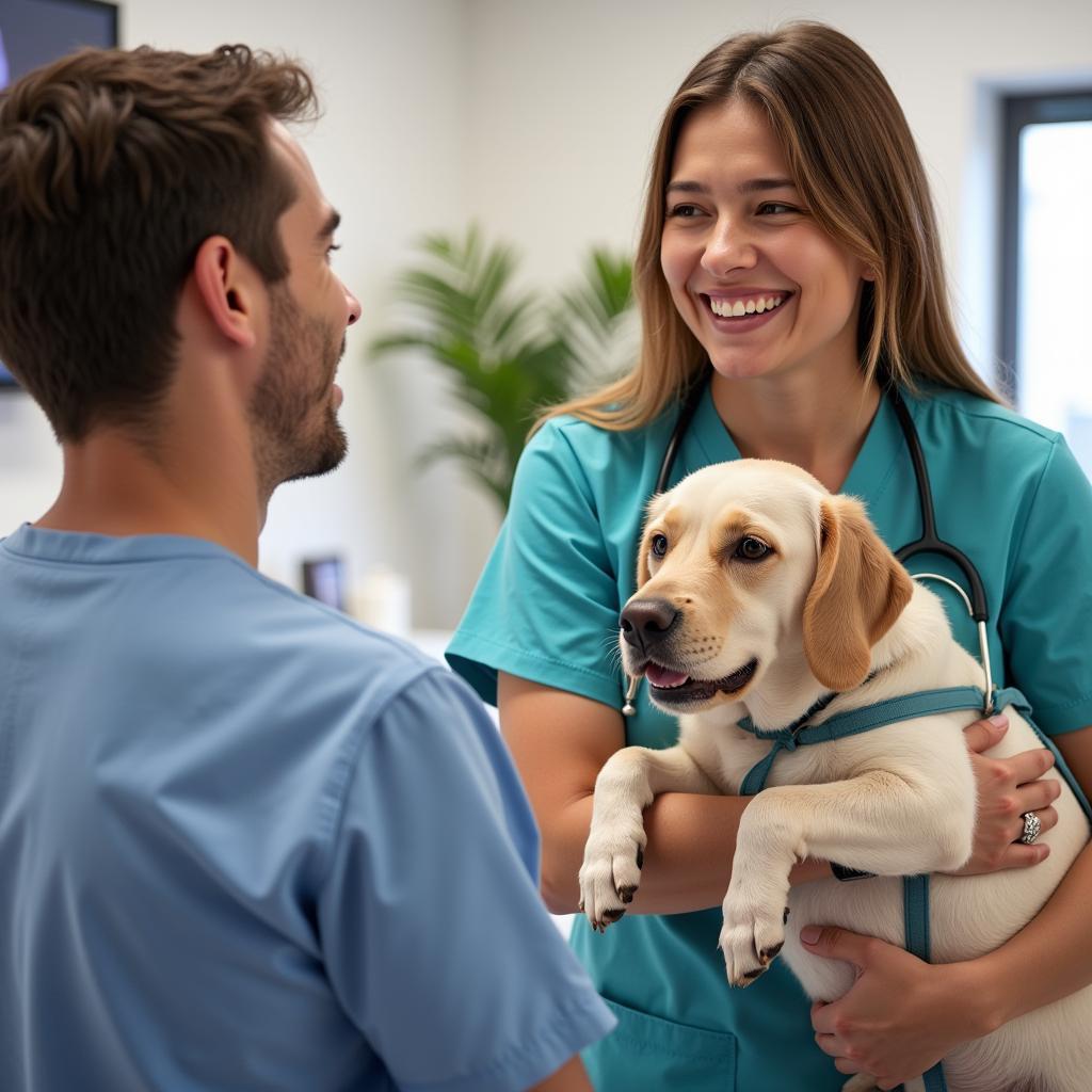 Happy pet owner talking with their veterinarian in Greenville, PA.