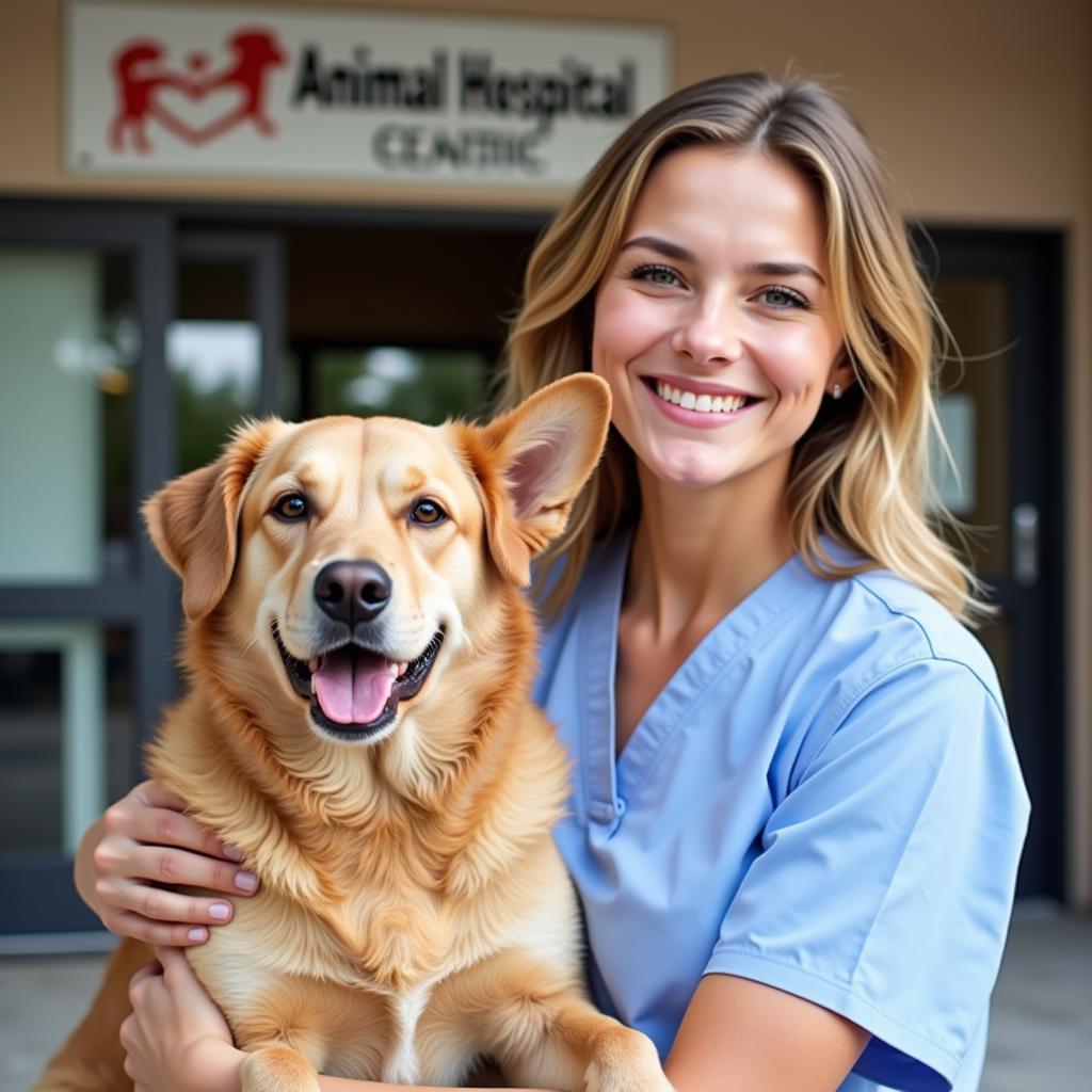 Happy pet owner holding their healthy dog outside a veterinary clinic