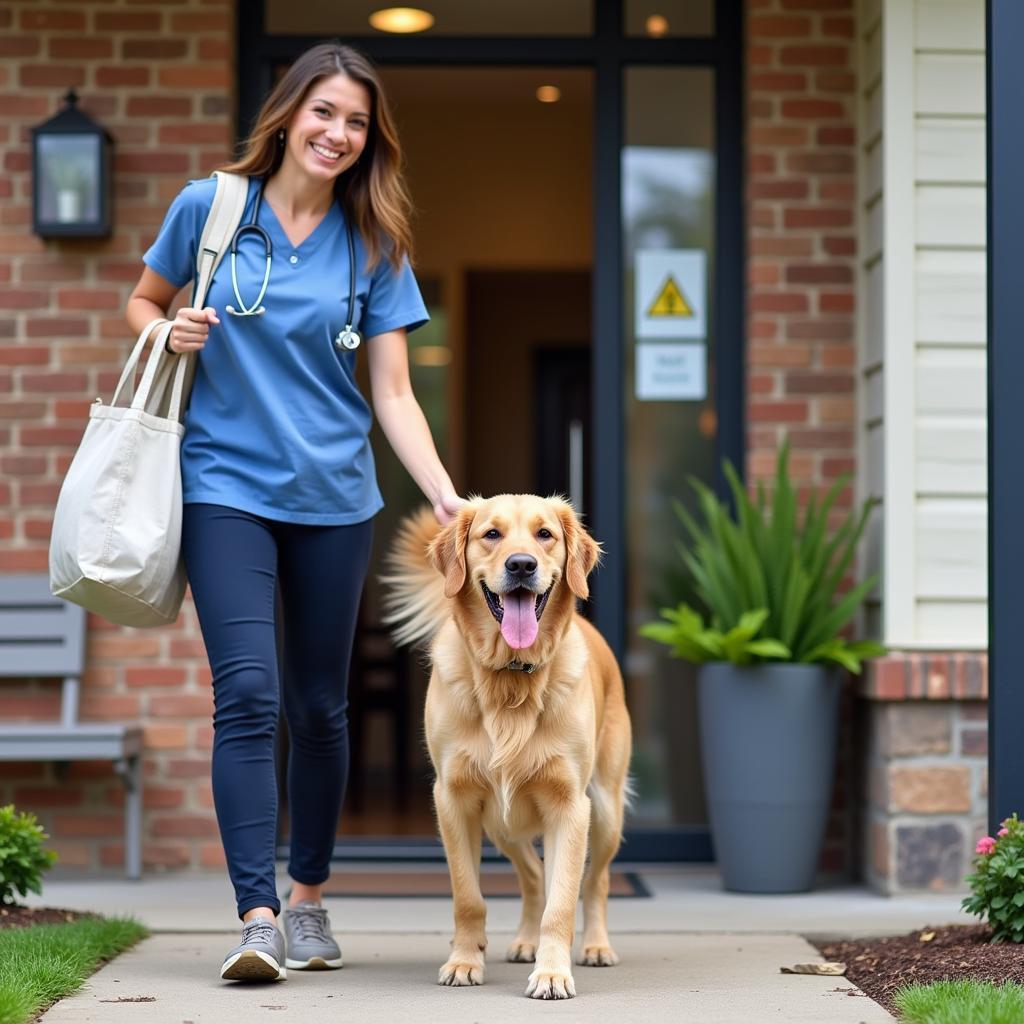 Happy Pet Owner Leaving Vet