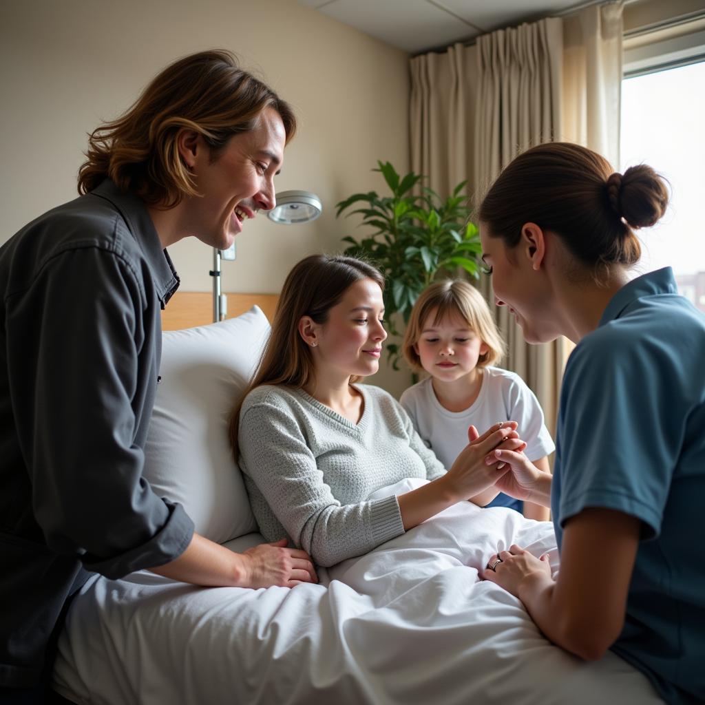 Hospital chaplain leading a prayer with patient and family