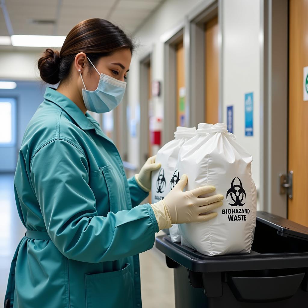 Hospital Housekeeper Managing Medical Waste