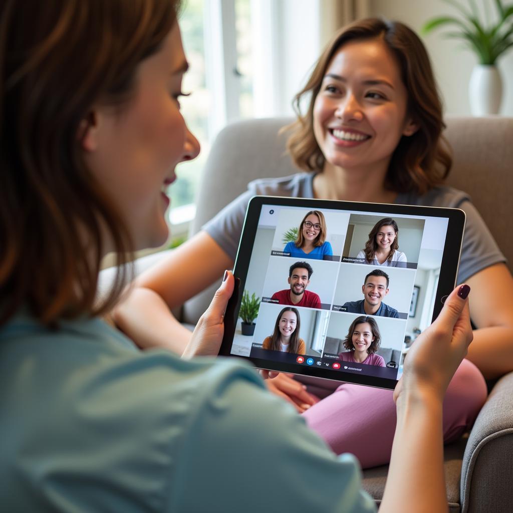 Patient video chatting with family