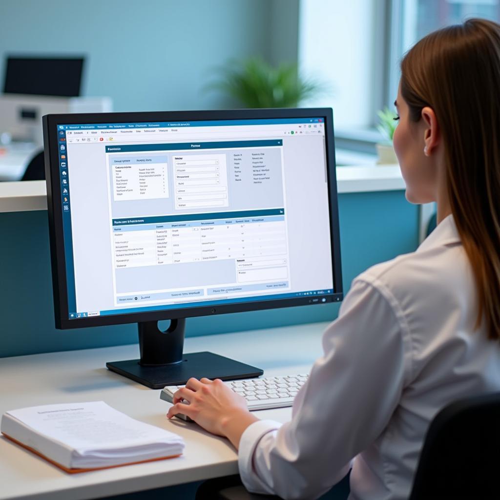 A hospital receptionist skillfully using computer software to manage patient data and appointments