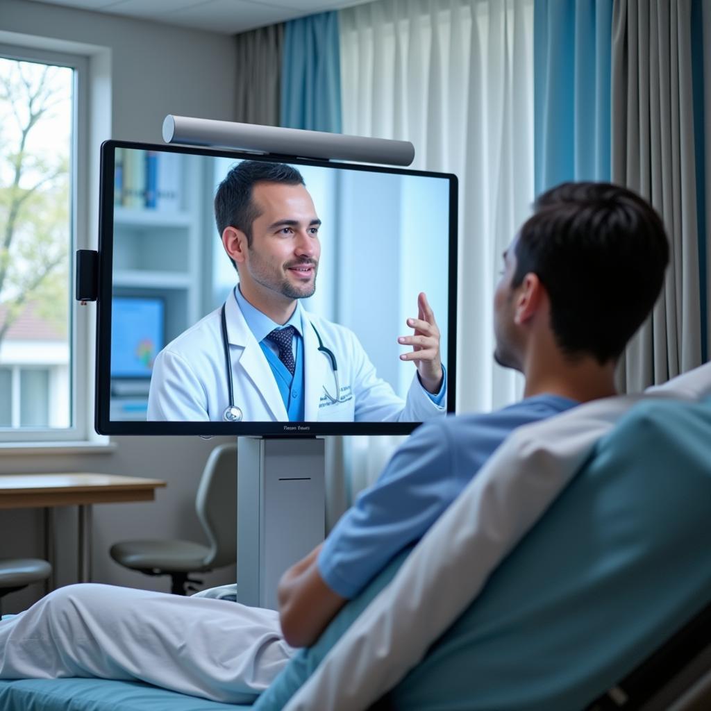 Hospital screen being used for a telemedicine consultation between patient and doctor