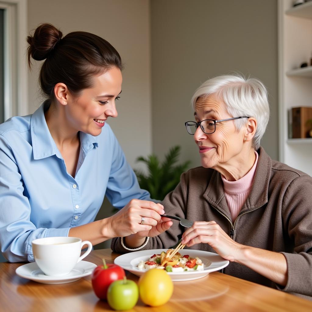 Hospital sitter assisting a patient with a meal.