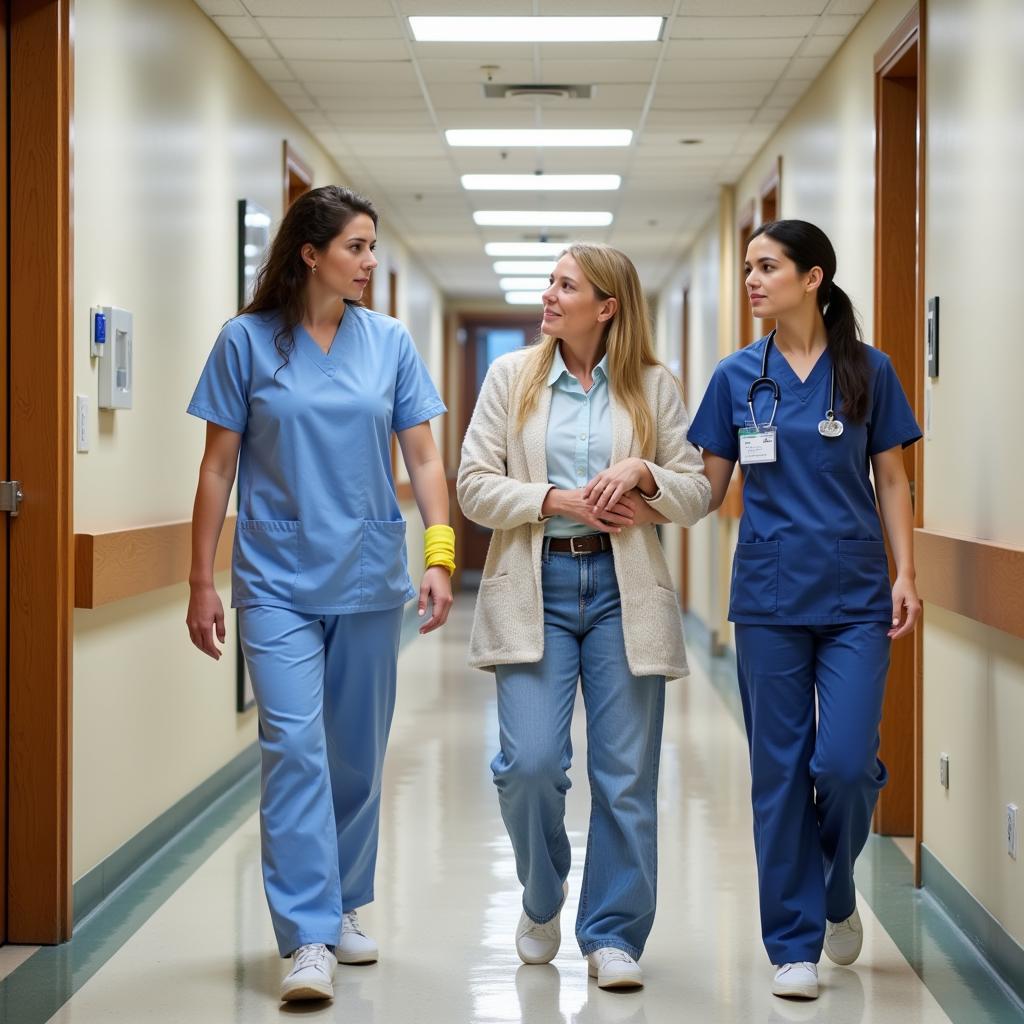 Hospital staff assisting a patient wearing a yellow wristband