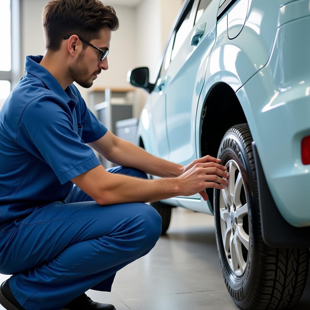 A hospital staff member inspecting a hospital tire for wear and tear.