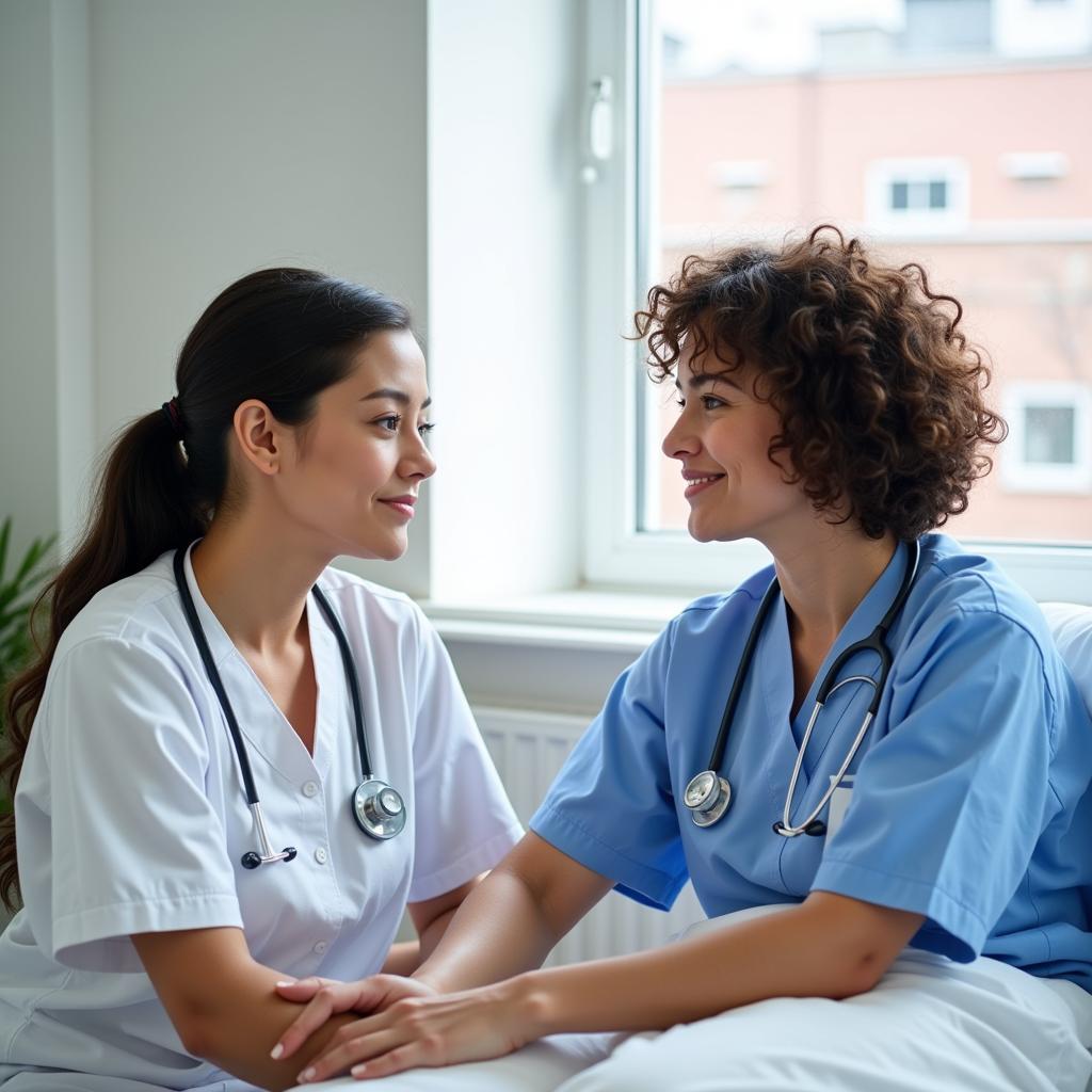 A nurse comforting a patient in a hospital room