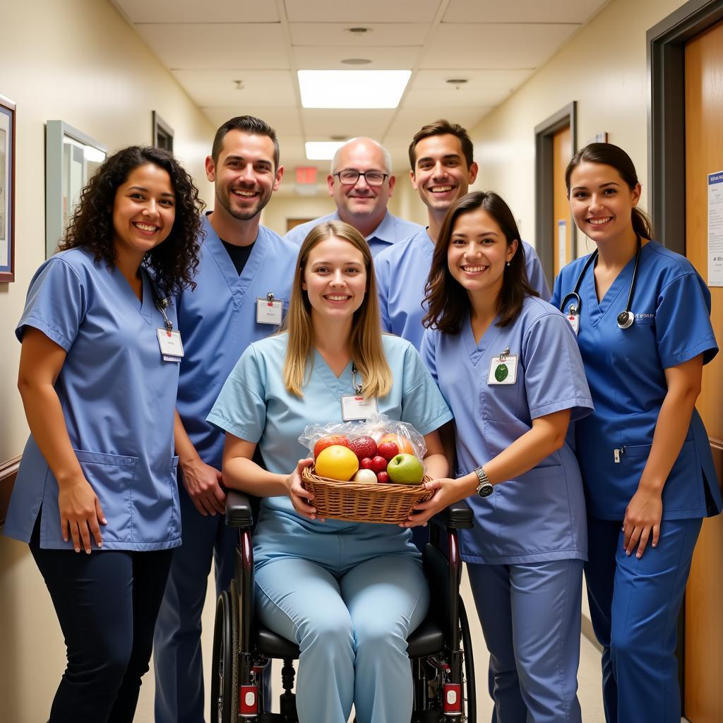 Hospital staff receiving thank you gifts from a patient.