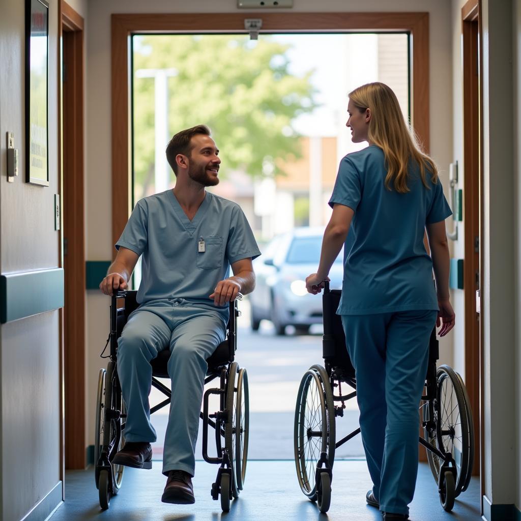 Hospital transporter talking to patient