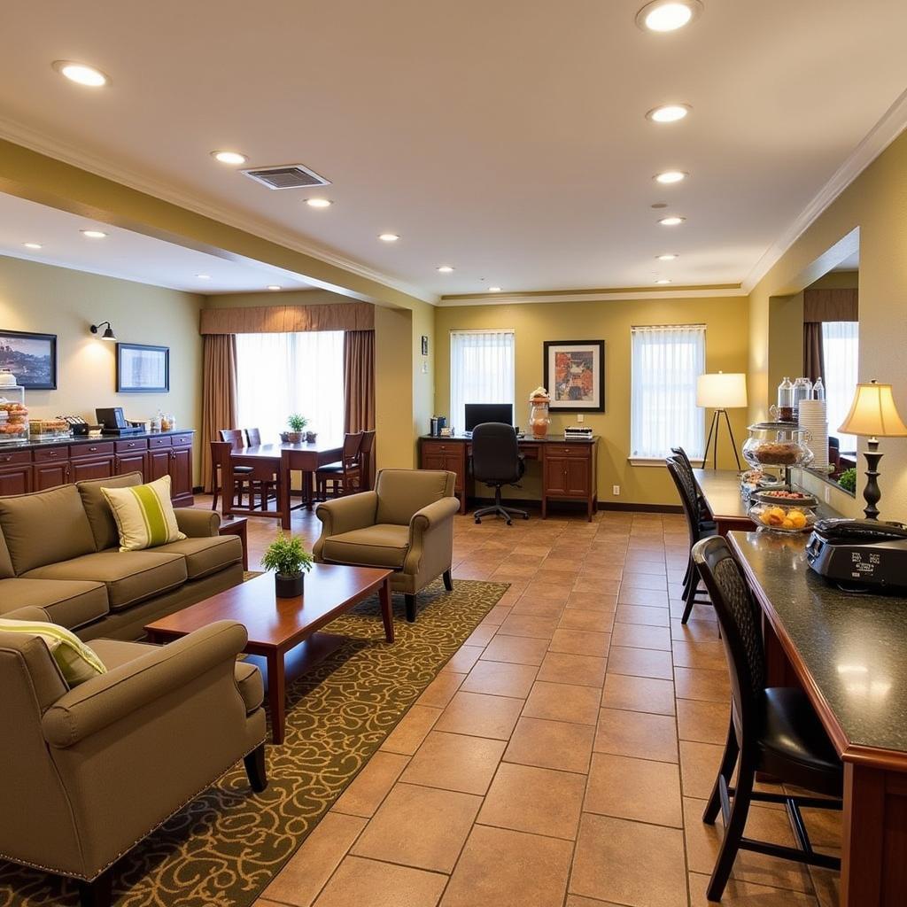 Hotel lobby with amenities near Fairview Southdale Hospital