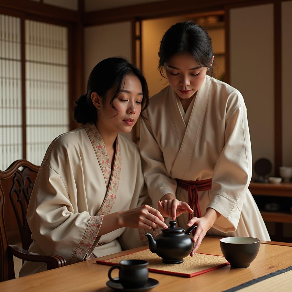 A young Japanese hostess participating in a traditional tea ceremony training session.