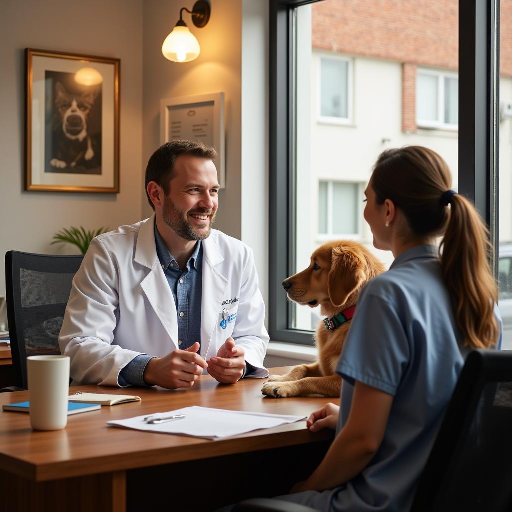 Veterinarian consulting with a pet owner in a Libertyville animal hospital