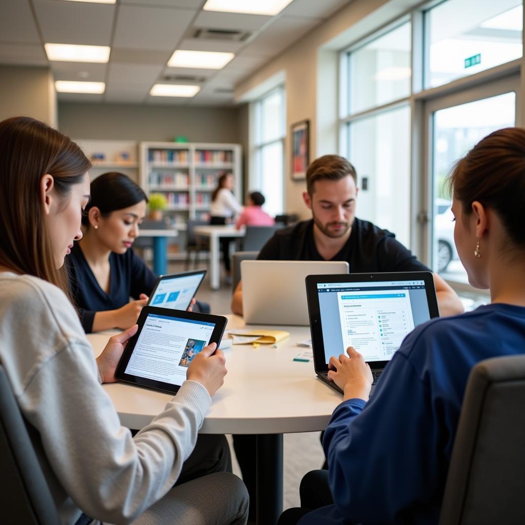 Patients using tablets to access digital resources in the library hospital.